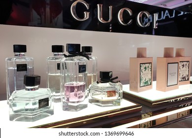 BANGKOK, THAILAND - APR 8, 2019: Gucci Brand Perfume Store At Suvarnabhumi Airport, Thailand. Gucci Is An Italian Luxury Brand Of Beauty And Fashion And Leather Goods.