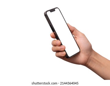 Bangkok, Thailand - APR 9, 2020: Hand holding the black smartphone iphone 13 with blank screen for Infographic Global Business web site design app , iphon - Clipping Path