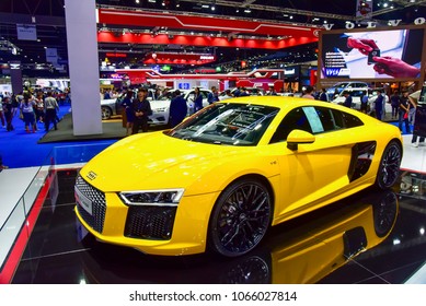 Bangkok, Thailand - APRIL 03, 2018: Yellow Audi R8, a Super-Luxury German Sports Car Displaying at Bangkok Motor Show