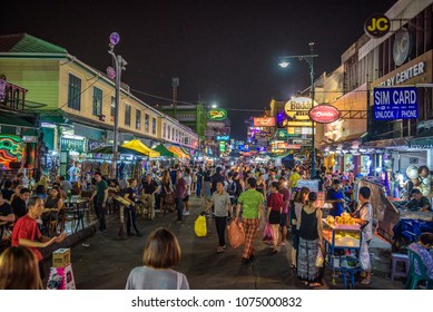 Bangkok, Thailand - April 1, 2018 : Nightlife At The Khaosan Road, A World Famous Tourist District In Central Bangkok.