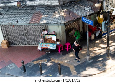 Bangkok Thailand - April 1, 2020 : View From The Top Pedestrian With Street Food Vendor And People Along Saladaeng Road Silom Area.