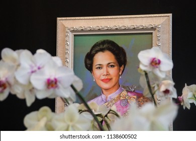 Bangkok, Thailand - April 10, 2018: Thai Queen Painting Orchid Flower Foreground