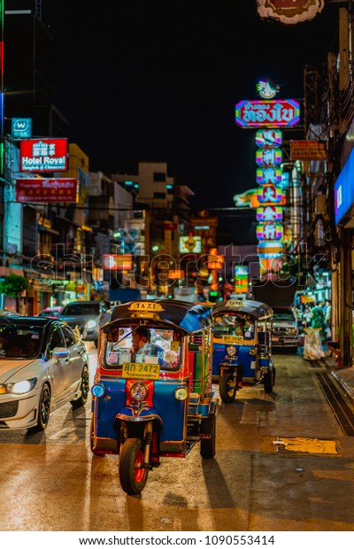 Bangkok, Thailand - April 10,2017; Famous
moto-taxi called tuk-tuk is a landmark of the city and popular
transport, Tuk tuk on the street in Chinatown, street food night
market in bangkok
thailand.