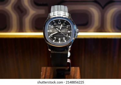BANGKOK, THAILAND - April 12, 2022 :Patek Philippe Aquanaut 5167A Swiss watch displayed in a store