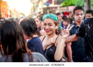 BANGKOK, THAILAND - APRIL 13, 2017: people playing water in Songkran festival on April 13, 2017 in Bangkok