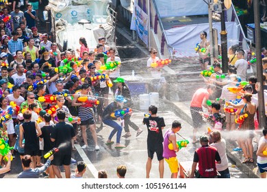 BANGKOK, THAILAND - April 13: Famous Songkran Festival In Silom On April 13, 2017. One Of The Most Popular Water Fight Places During Songkran In Bangkok, Thailand. 