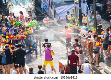 BANGKOK, THAILAND - April 13: Famous Songkran Festival In Silom On April 13, 2017. One Of The Most Popular Water Fight Places During Songkran In Bangkok, Thailand. 