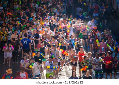 BANGKOK, THAILAND - April 13: Famous Songkran Festival In Silom On April 13, 2018. One Of The Most Popular Water Fight Places During Songkran In Bangkok, Thailand. 