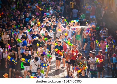 BANGKOK, THAILAND - April 13: Famous Songkran Festival In Silom On April 13, 2018. One Of The Most Popular Water Fight Places During Songkran In Bangkok, Thailand.