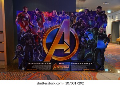 Bangkok, Thailand - April 14, 2018: The Standee of Marvel Superhero Movie Avengers 3: Infinity War Displays at the Theater