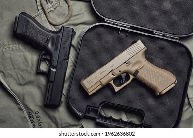 BANGKOK, THAILAND - April 14, 2021 : Glock 19X and Glock 17 gen3 model, Glock is polymer pistol and popular handgun.