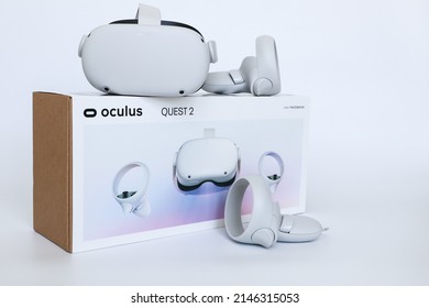 Bangkok, Thailand - April 14 2022 : Oculus Quest 2 virtual reality headset with controllers on the box.