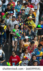 BANGKOK, THAILAND - April 15, 2019 : Famous Songkran Festival In Silom, One Of The Most Popular Water Fight Places During Songkran In Bangkok.