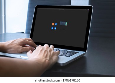 Bangkok, Thailand- April 17, 2020. Laptop Showing Zoom Cloud Meetings App .