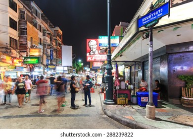 Bangkok, Thailand - April 17,2015: Unidentified Tourists Walking Along Khao San Road At Night, The Most Famous Street In Bangkok