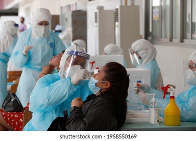 Bangkok Thailand April 19 2021 Thai People Get Covid-19 Swab Test At A Mass Testing Event