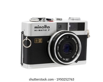 BANGKOK, THAILAND - APRIL, 2021 : Vintage compact camera (Hi-Matic F) in black and silver manufactured by Minolta From the early 1970s.