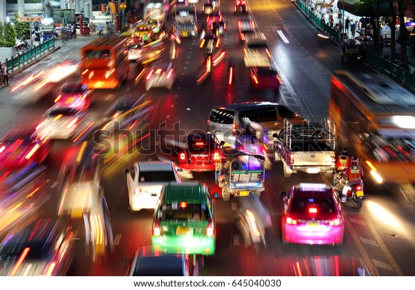 BANGKOK,\
THAILAND - APRIL 29, 2017: Traffic at Pratunam district in night\
time. It is wholesale market for sell clothes, shoes, and fashion\
accessories, Bangkok, Thailand. April 29,\
2017