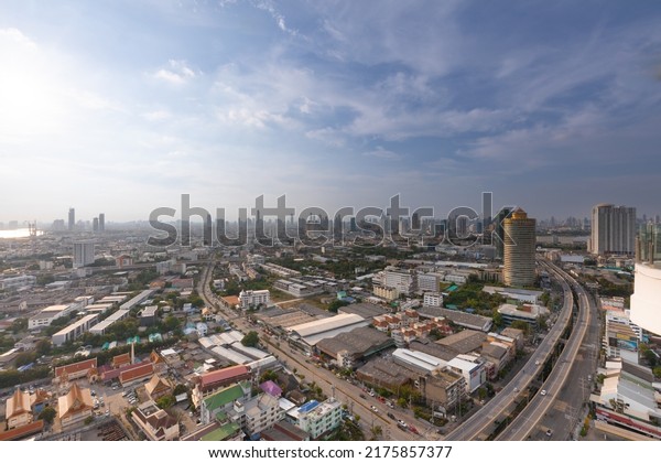 Bangkok,\
Thailand - APRIL 29 2022 - atmosphere from the office for rent in\
Chong Nonsi Road, with cars passing after work and the bright\
lights in Chong Nonsi Yan Nawa,\
Thailand