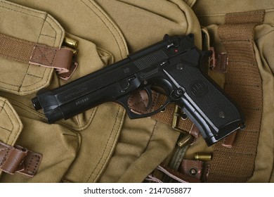 BANGKOK, THAILAND - April 3, 2022 : Beretta 92FS model, Semi automatic 9mm calliber handgun, Modern U.S. Army weapon series.