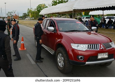 Bangkok, Thailand - April 4, 2014: Police Stop And Check A Vehicle At A Mobile Check Point On A Major Road.