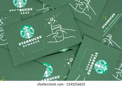 BANGKOK, THAILAND - April 5, 2022: Starbucks Reward Cards Package. The Card Is Used As Cashless Payment And Collectable Item. Starbucks Is One Of The Largest Coffee Franchises In The World