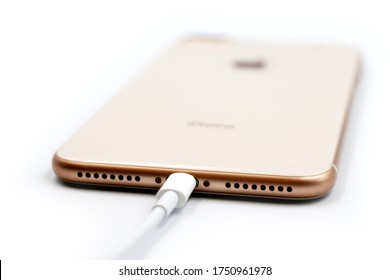 Bangkok , Thailand - April 6,2020 : A Photo of iPhone8 , Gold color. Iphone 8 is designed by Apple California. Iphone8 official launched date is September 22, 2017. Now it is available worldwide.