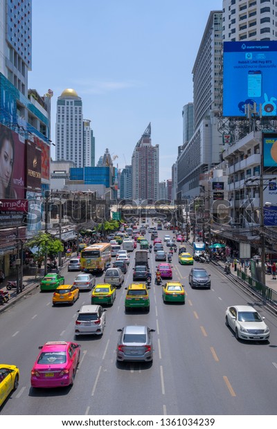 BANGKOK, THAILAND\
– Aril 4, 2019 : Traffic congestion at afternoon during on Pratunam\
commercial area to World Trade Center the shopping and business\
capital of Bangkok,\
Thailand.