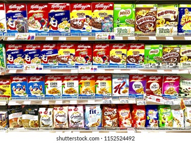 Bangkok, Thailand - Aug, 2018. Various cereal food on shelf supermarket.