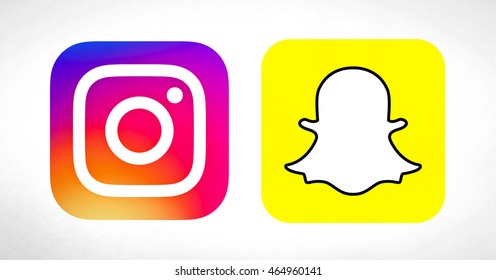 Bangkok, Thailand - Aug 5, 2016 - Popular Social Media Icons : Instagram New Logo Icon And Snapchat Logo Icon Printed On Paper. Instagram And Snapchat Is A Popular Social Networking For Sharing Photo.