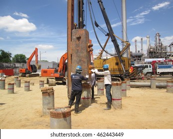 Bangkok ,thailand - August 01,2016 : Engineers Are Testing Load Resistance Of Pile By Dynamic Pile Load Test Methods.