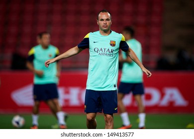 BANGKOK, THAILAND - AUGUST 06: Andres Iniesta Of Barcelona FC During Barcelona FC Training Session At Rajamangala Stadium On August 06, 2013 In Bangkok, Thailand.