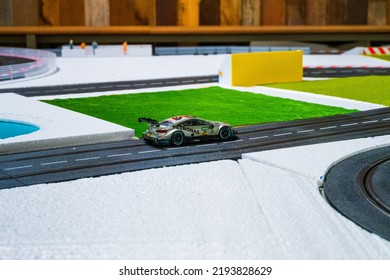 BANGKOK, THAILAND - August 1, 2022 : Black Road For Toy Racing Cars At Race Track.