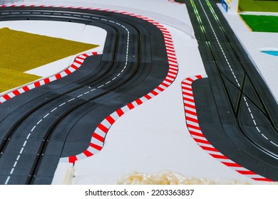 BANGKOK, THAILAND - August 1, 2022 : Black Road For Toy Racing Cars At Race Track.