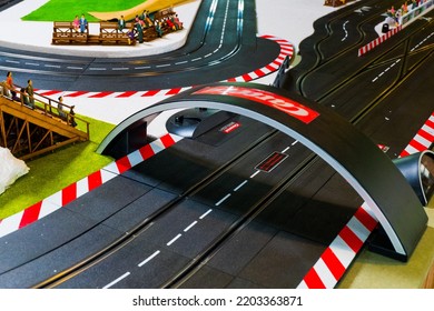 BANGKOK, THAILAND - August 1, 2022 : Black Road For Toy Racing Cars At Race Track.