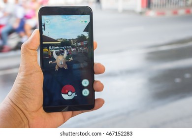 Bangkok, Thailand - August 11, 2016 : Pokemon Go application game on android mobile smartphone. Launched in Thailand on August 6, 2016 is very popular. But the problem of road accidents.