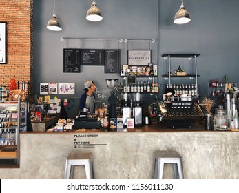 Bangkok, Thailand - August 14, 2018: Awake Awhile Espresso Serves Fresh Roasted Coffee And Homemade Bakery. The Coffee Bar Decors In Retro Style With Black Coffee Equipments.