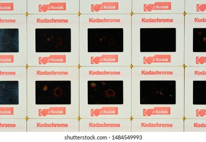 BANGKOK, THAILAND - AUGUST 16, 2019 : Kodak Kodachrome 35 mm Transparency Film in Cardboard Mount, is popular with professional photographers worldwide, but now its was discontinued in 2009.