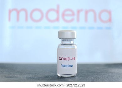 Bangkok, Thailand - August 17, 2021: Bottle Of Covid-19 Vaccine With Moderna Trademark