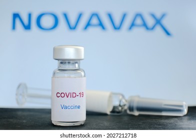 Bangkok, Thailand - August 17, 2021: Bottle Of Covid-19 Vaccine With Novavax Trademark Background