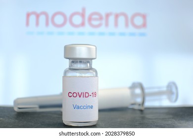 Bangkok, Thailand - August 17, 2021: Bottle Of Covid-19 Vaccine With Moderna Trademark