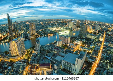 BANGKOK, THAILAND - AUGUST 18, 2015: Panoramic view over Bangkok skyline from the Scirocco Sky Bar over the Lebua Hotel at night time.