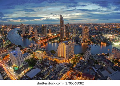 BANGKOK, THAILAND - AUGUST 18, 2015: Panoramic view over Bangkok skyline from the Scirocco Sky Bar over the Lebua Hotel at night time.
