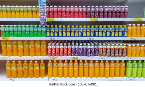 Bangkok Thailand, August 18 2019 : Closeup And Crop Variety Juice And Soft Drinks On Sale In Supermarket.