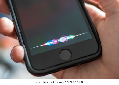 Bangkok, Thailand - August 19, 2019 : Apple IPhone 7 Showing Its Screen With Siri App.