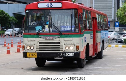 BANGKOK, THAILAND - AUGUST 2, 2022: Regular Cream-red Bus Operated By BMTA (Bangkok Mass Transit Authority) On August 2, 2022 In Thai Capital Bangkok