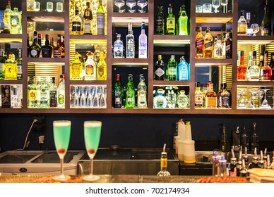 BANGKOK - THAILAND AUGUST 20, 2017:Bottles Of Spirits And Liquor At The 342 Bar On AUGUST 20, 2017 Baan Wanglang Riverside Hotel