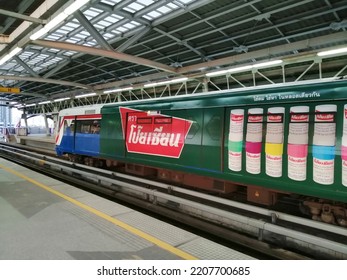 Bangkok, Thailand - August 20 2022 : Bangkok Mass Transit System (BTS) Station With A Train Stopped. 