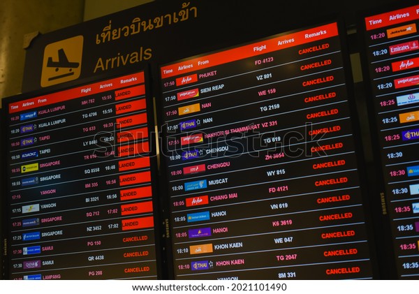 BANGKOK, THAILAND - AUGUST 2021: Suvarnabhumi Airport\
arrival cancelled landed flights due to extended ban international\
flights during COVID-19 outbreak lockdown. International airlines\
