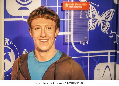 Bangkok - Thailand - August 21,2018 : The wax figure of A waxwork of Mark Zuckerberg is smile on display at Madame Tussauds at Siam Discovery, in Bangkok Thailand.